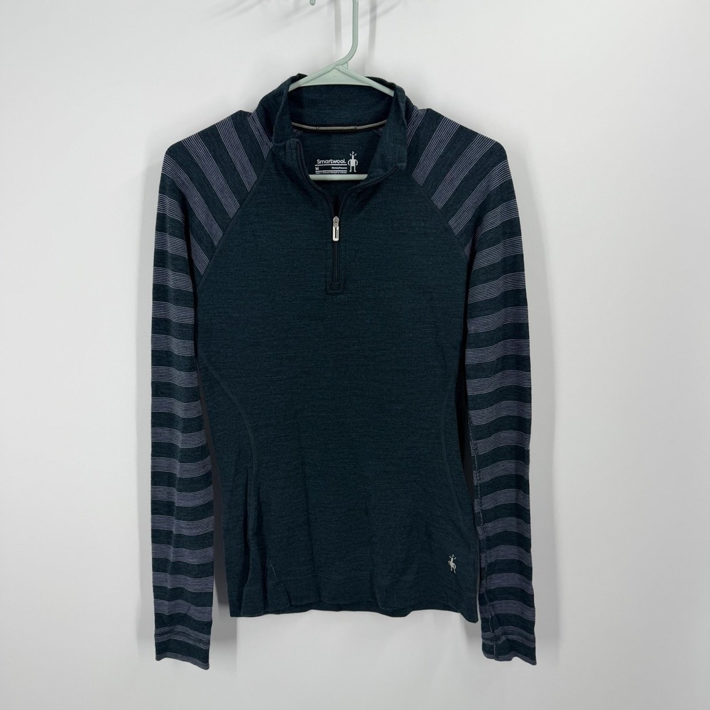 Smartwool Quarter Zip Women Medium Green Striped Merino Wool Base Layer